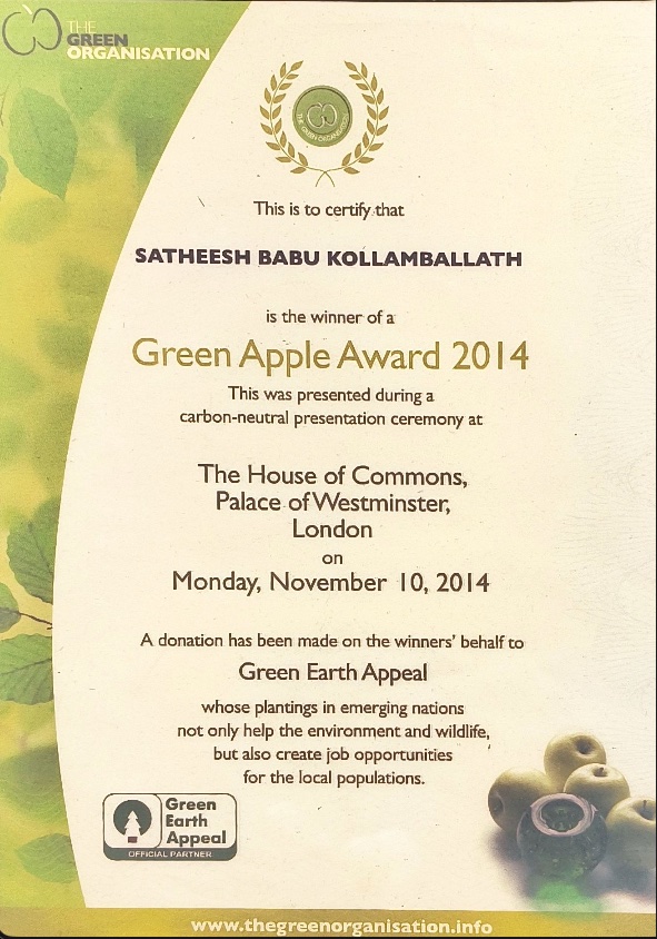 Green Apple Award 2014 certificate